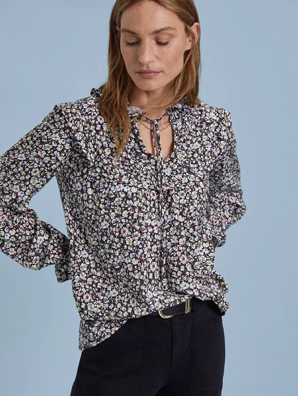 Jordyn Vintage Floral Print LENZING™ ECOVERO™ Jersey Blouse | Caviar Black Semi-Sheer Blouse
