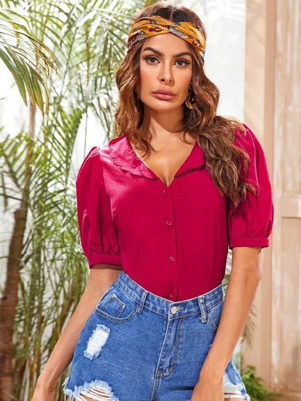 Scallop Edge Collar Puff Sleeve Blouse Slim Fit Blouse