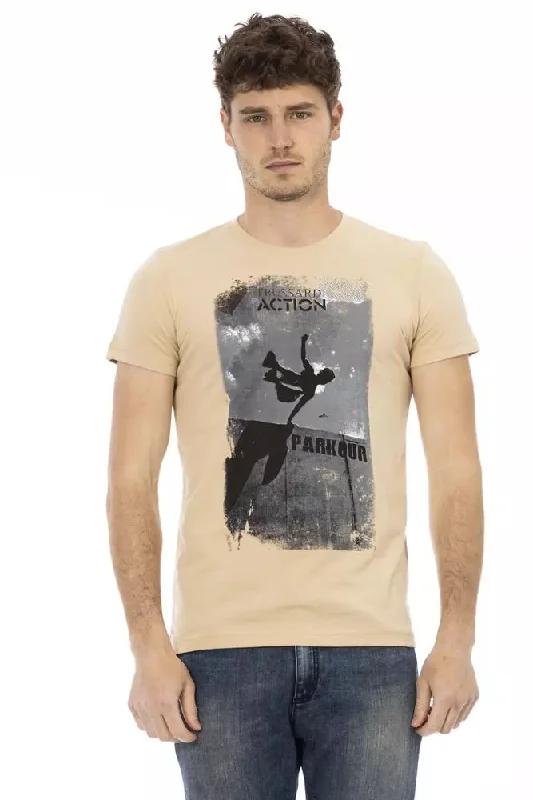 Beige Cotton Men T-shirt-- Terry Blend Velvet Blend Canvas Blend