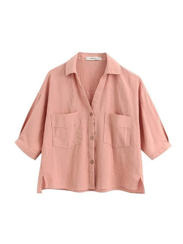 Pocket Front Slit Hem Solid Blouse Collared Satin Blouse
