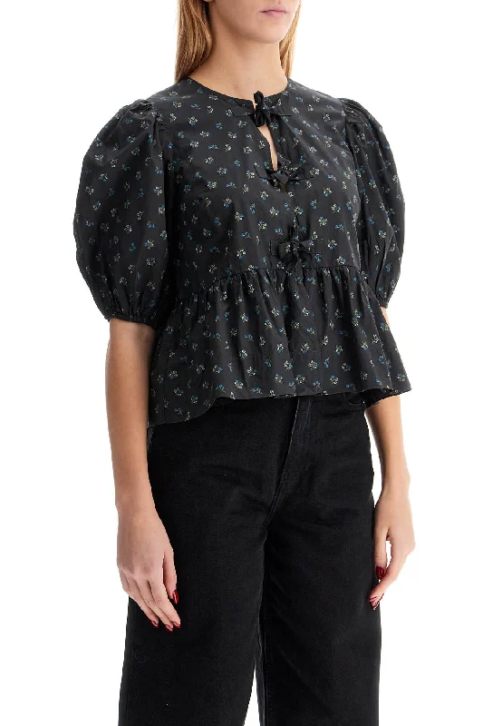 Ganni Cotton Peplum Blouse Sheer Sleeve Blouse