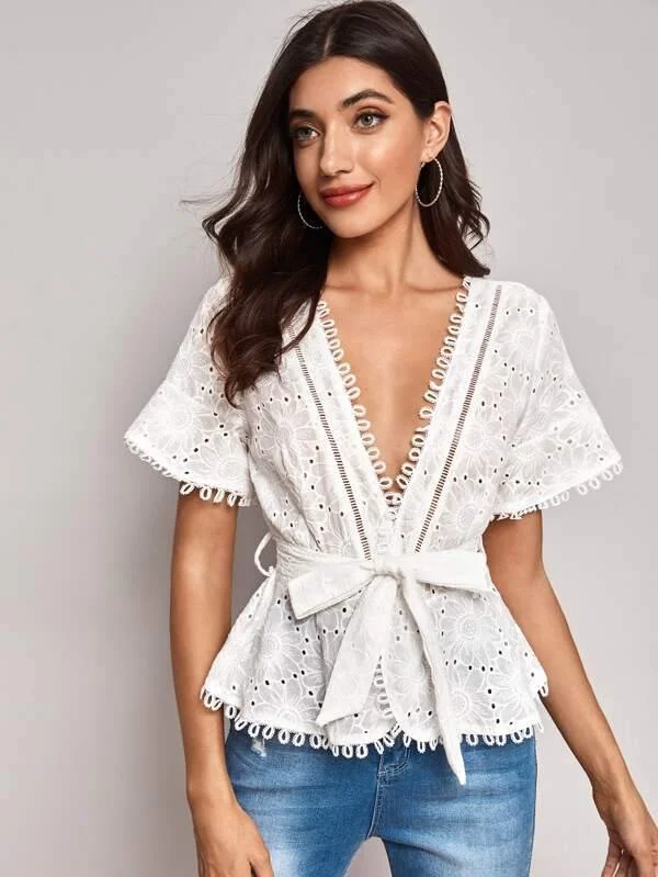 Eyelet Embroidered Wrap Belted Blouse Feminine Pastel Blouse
