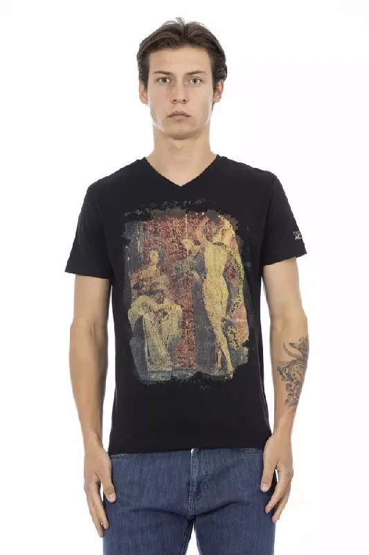 Black Cotton Men T-shirt-- Zippered Buttoned Snapped