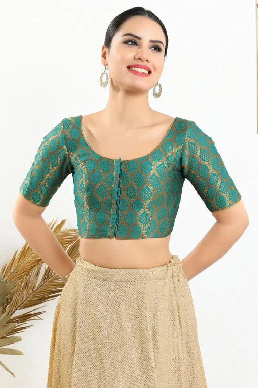 Teal Green Brocade Woven Design Short Sleeves Blouse Satin Bow Blouse
