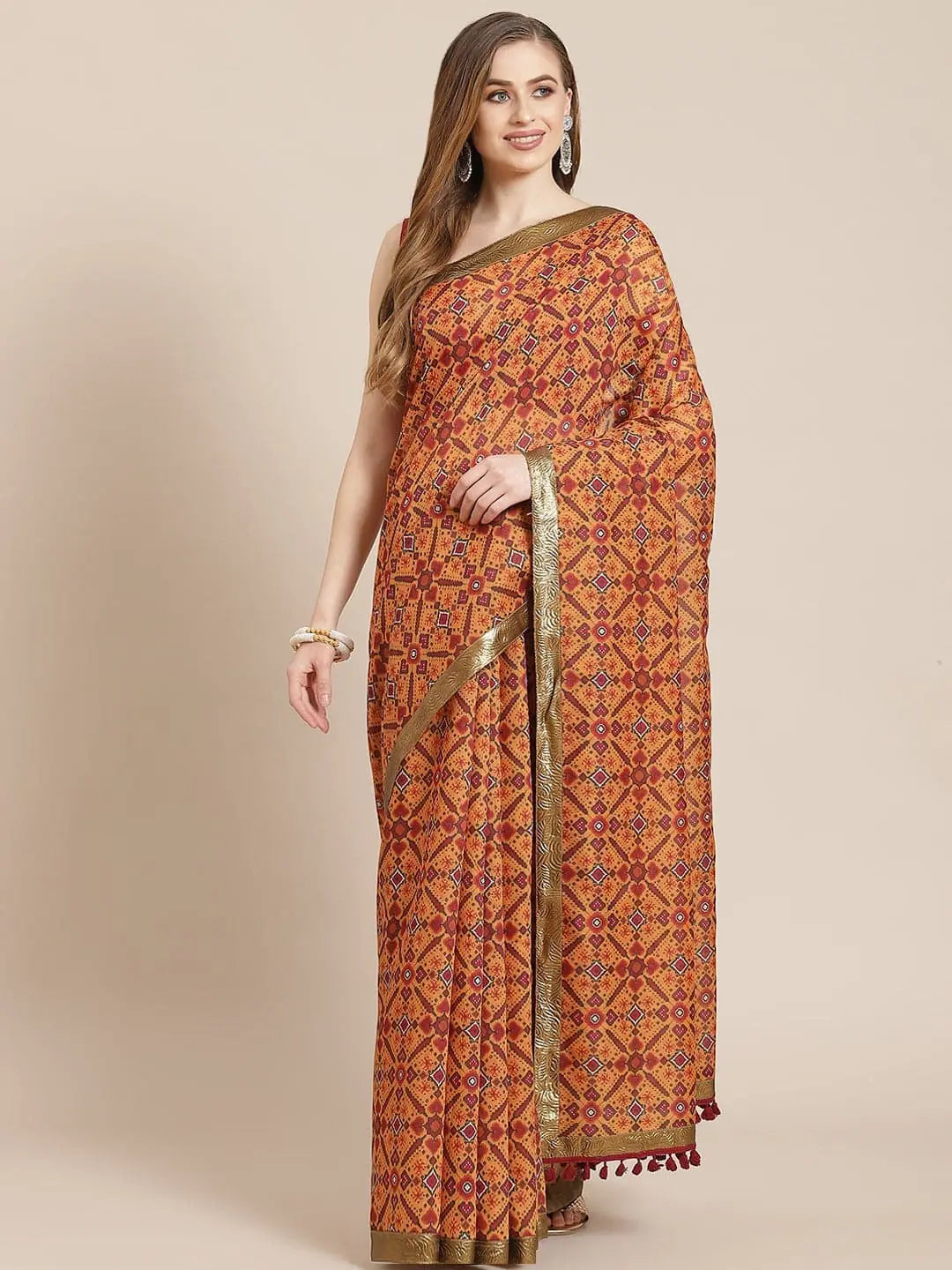 Women Mustard Patola Saree With Maroon Unstitched Blouse Gathered Detail Blouse