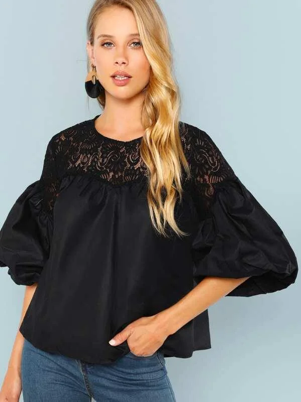 Trumpet Sleeve Floral Lace Yoke Blouse Boho Chic Blouse