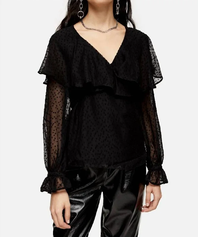 Dotted Sheer Chiffon Ruffle Waist Tie Blouse In Black Airy Cotton Blouse