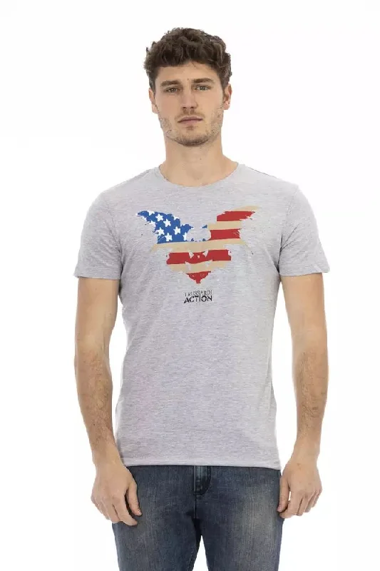Gray Cotton Men T-shirt-- Real Fur Shearling Chenille