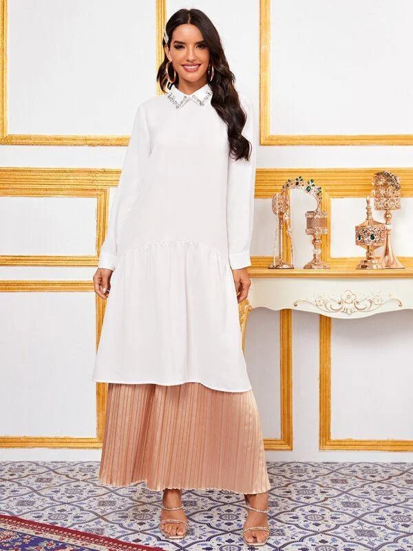 Rhinestone Detail Ruffle Hem Blouse Relaxed Fit Blouse