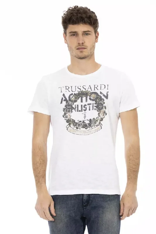 White Cotton Men T-shirt-- Zippered Front Buttoned Front Snap Front