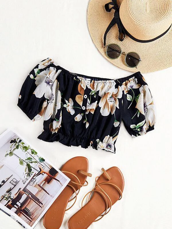 Off Shoulder Floral Print Blouse Soft Pastel Blouse