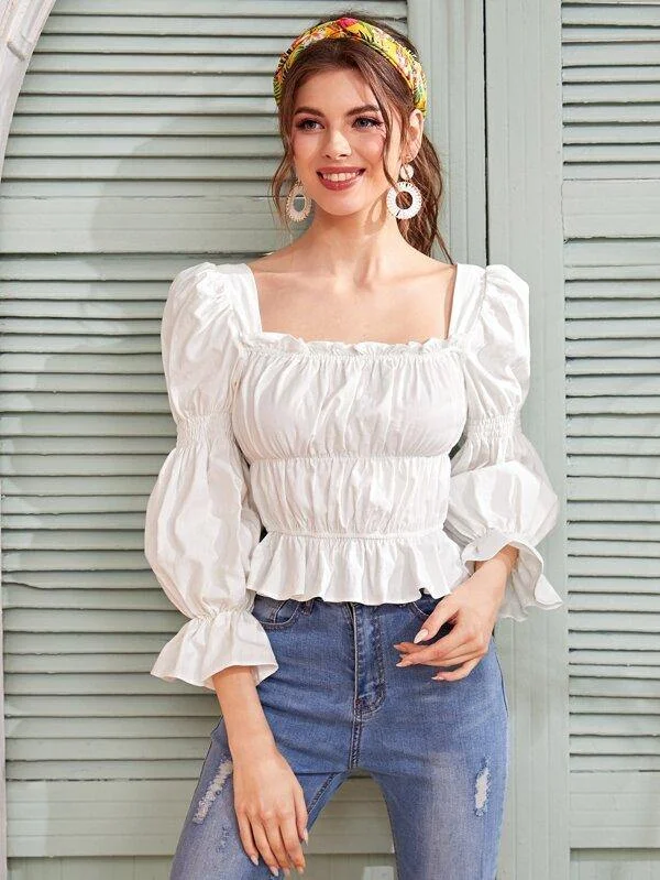 Square Neck Puff Sleeve Peplum Blouse Slim Fit Blouse