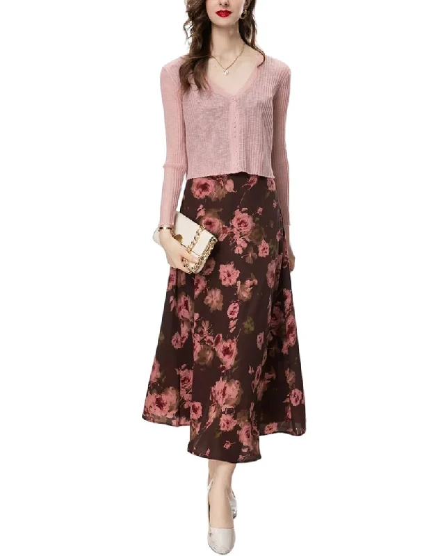 BURRYCO 2pc Blouse & Skirt Set Feminine Tie Blouse