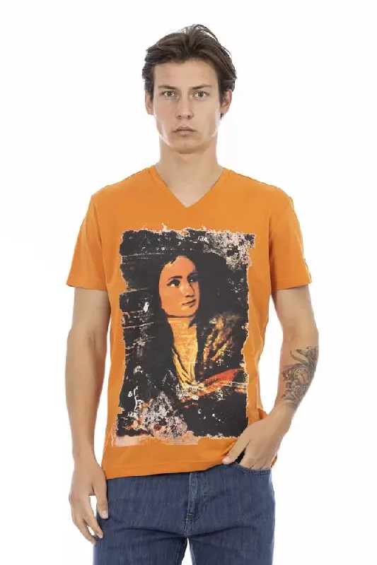 Orange Cotton Men T-shirt-- Front Pockets Side Pockets Patch Pockets
