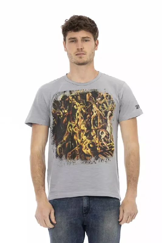 Gray Cotton Men T-shirt-- Print Jacquard Patchwork