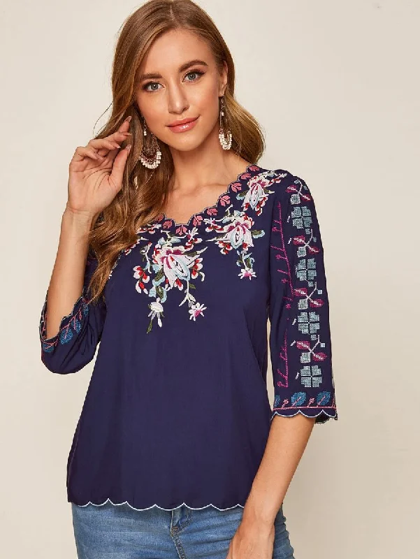 Floral Embroidery Scoop Trim Blouse Feminine Ruffle Blouse