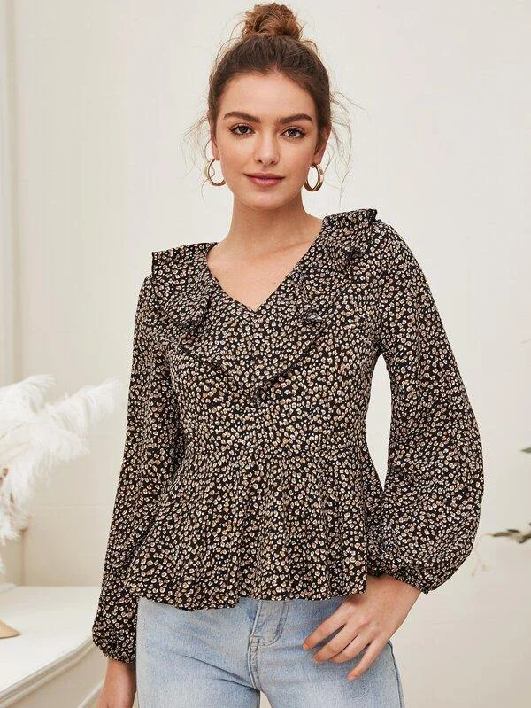 All Over Print Ruffle Trim Blouse Floral Chiffon Blouse