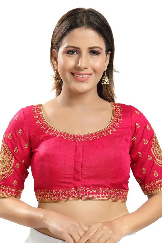 Pinkish Maroon Jain Silk Embroidered Short Sleeves Blouse Chic Wrap Blouse