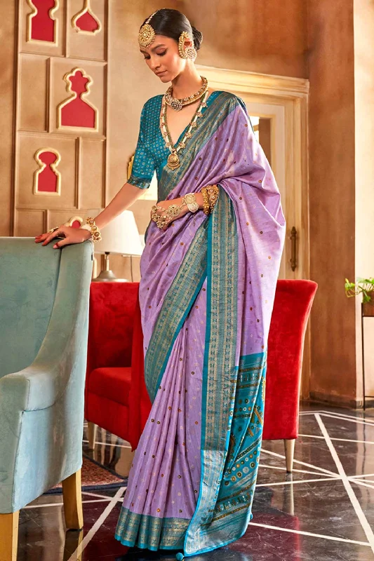 Lavender Patola Silk Contemporary Saree With Unstitched Blouse Backless Summer Blouse