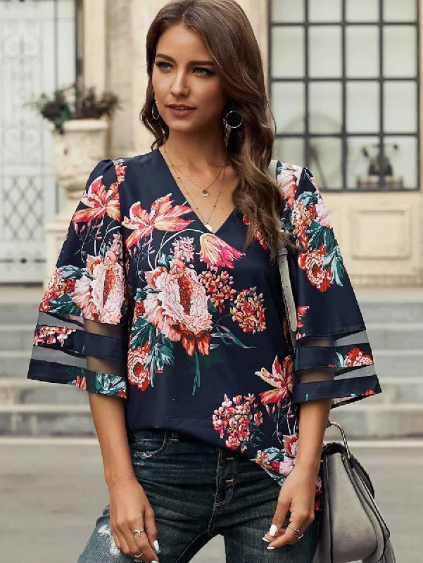 Mesh Panel V-neck Floral Print Blouse Modern Oversized Blouse