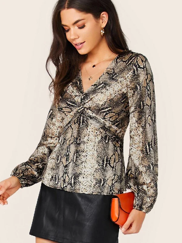 Snake Print Twist Front Long Sleeve Blouse Delicate Bow Blouse