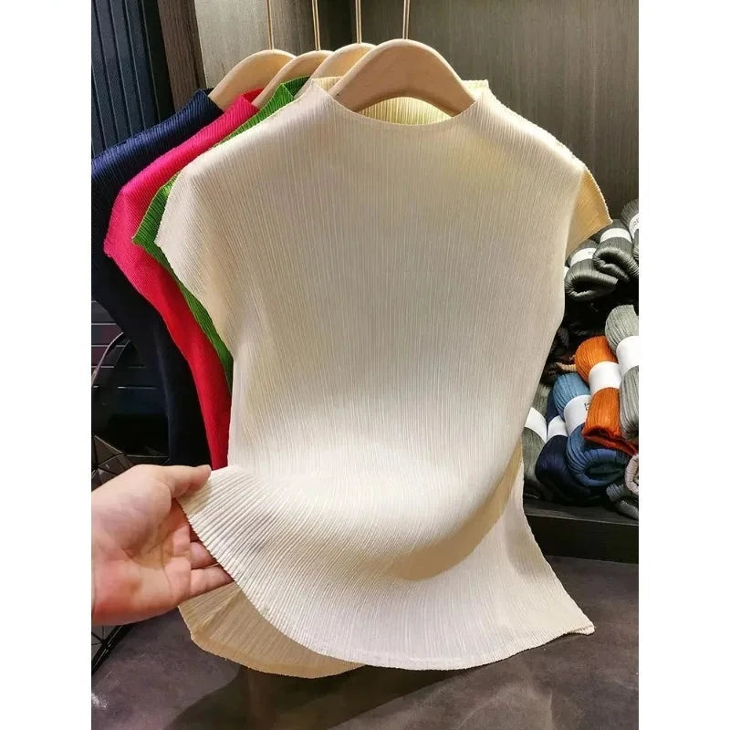 Versatile Classic Simple Solid Color Stand Up Collar Pleated Top Women Slim Slim Short Sleeve Miyake T-shirt Summer-- Wool Fabric Cashmere Fabric Tweed Fabric Versatile Classic Simple Solid Color Stand Up Collar Pleated Top Women Slim Slim Short Sleeve Miyake T-shirt Summer-- Wool Fabric Cashmere Fabric Tweed Fabric