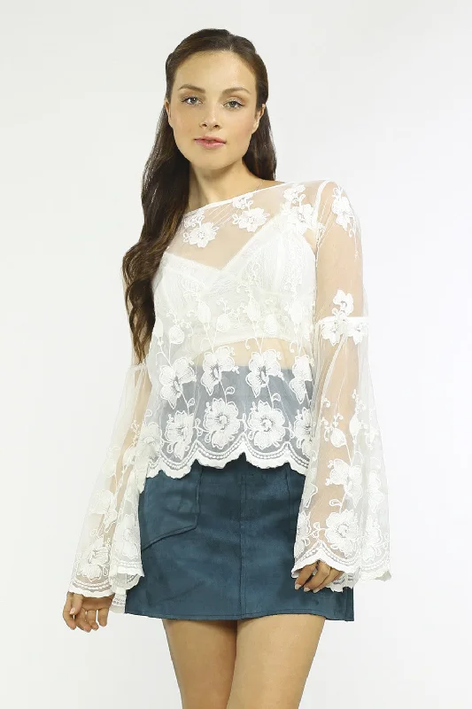 Sheer Lace Bell Sleeve Blouse Silky Tunic Blouse