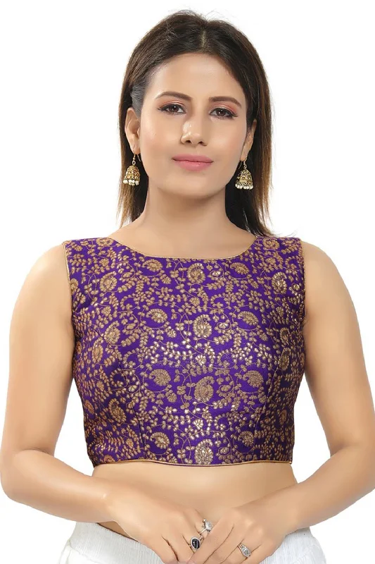 Brinjal Brocade Printed Sleeveless Blouse Playful Puff Blouse