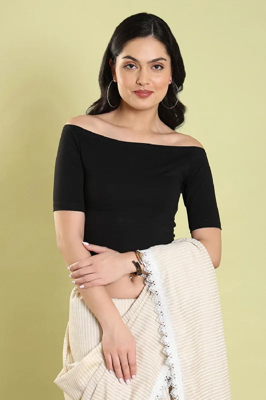Black Lycra Blend Solid Short Sleeves Blouse Loose Oversized Blouse
