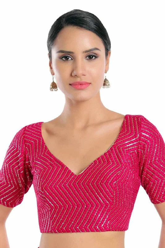 Tomato Pink Silk Embroidered Short Sleeves Blouse Off-Shoulder Wrap Blouse