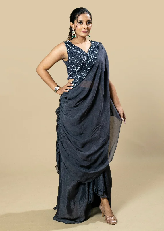 Hand Embroidered Chinnon Georgette Blouse and Pleated Skirt Set with Organza Cape Satin Drape Blouse