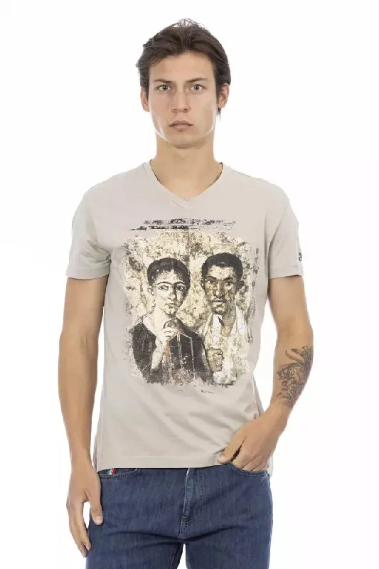 Beige Cotton Men T-shirt-- Notch Collar Peter Pan Collar Cowl Neck
