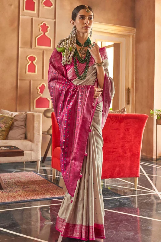 Cream Patola Silk Contemporary Saree With Unstitched Blouse Frilled Cuff Blouse
