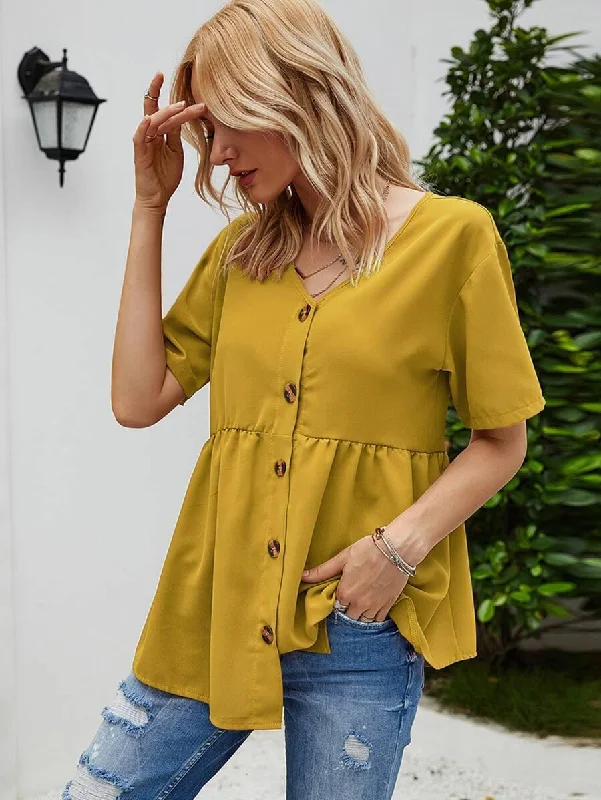 Button Front Ruffle Hem Babydoll Blouse Vintage Lace Blouse