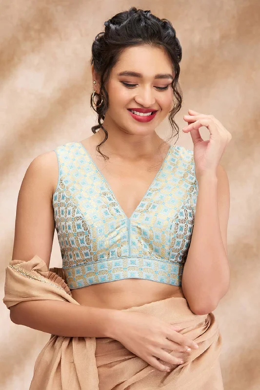 Sky Blue Brocade Woven Sleeveless Blouse Classic Striped Blouse