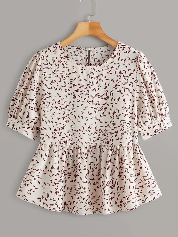 Puff Sleeve Allover Print Peplum Blouse Vintage Polka Blouse