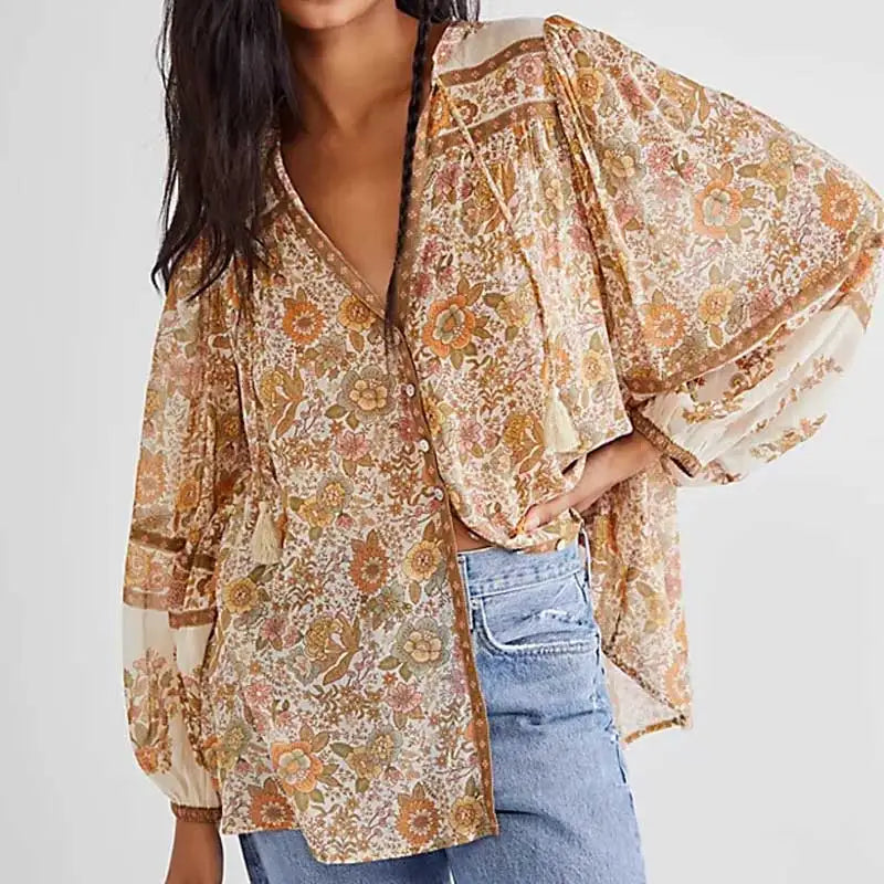 Saffy's Boho Blouse Floral Print Buttons Down Top Sleeveless Chiffon Blouse