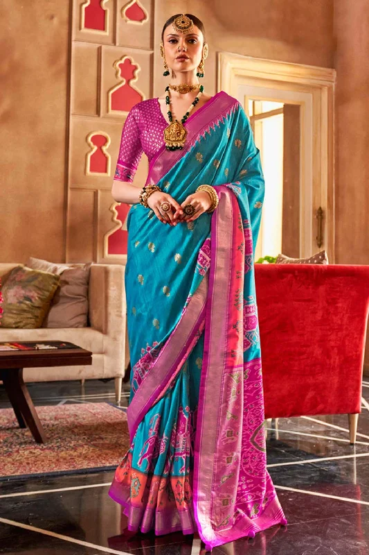 Sky Blue Patola Silk Contemporary Saree With Unstitched Blouse Lightweight Linen Blouse