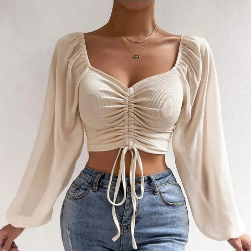 Mesh Lantern Sleeves Drawstring Wrap Chest Bare Midriff T Shirt Women Long Sleeves Bottoming-- Modern Contemporary Chic Mesh Lantern Sleeves Drawstring Wrap Chest Bare Midriff T Shirt Women Long Sleeves Bottoming-- Modern Contemporary Chic