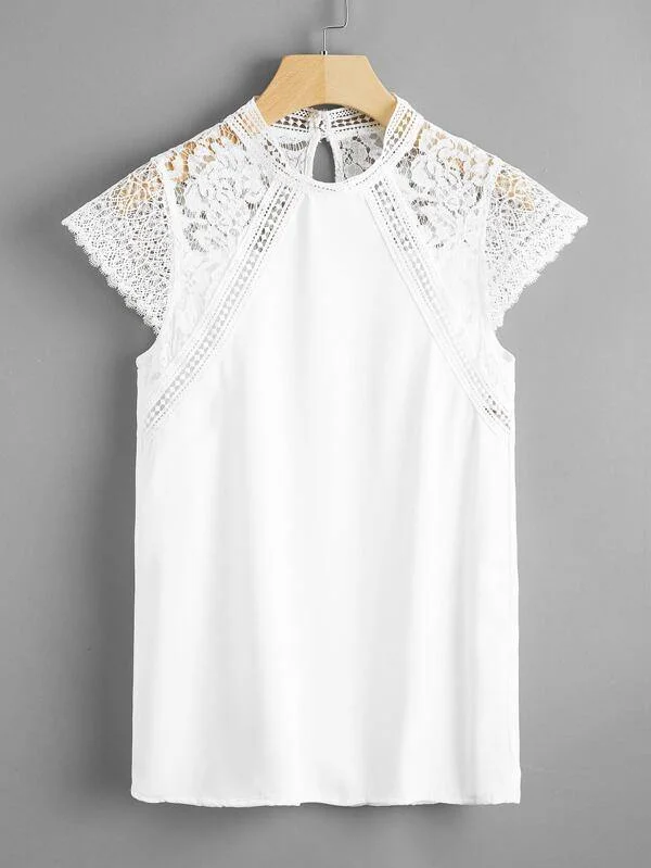 Stand Collar Lace Panel Blouse Sleeveless Chiffon Blouse