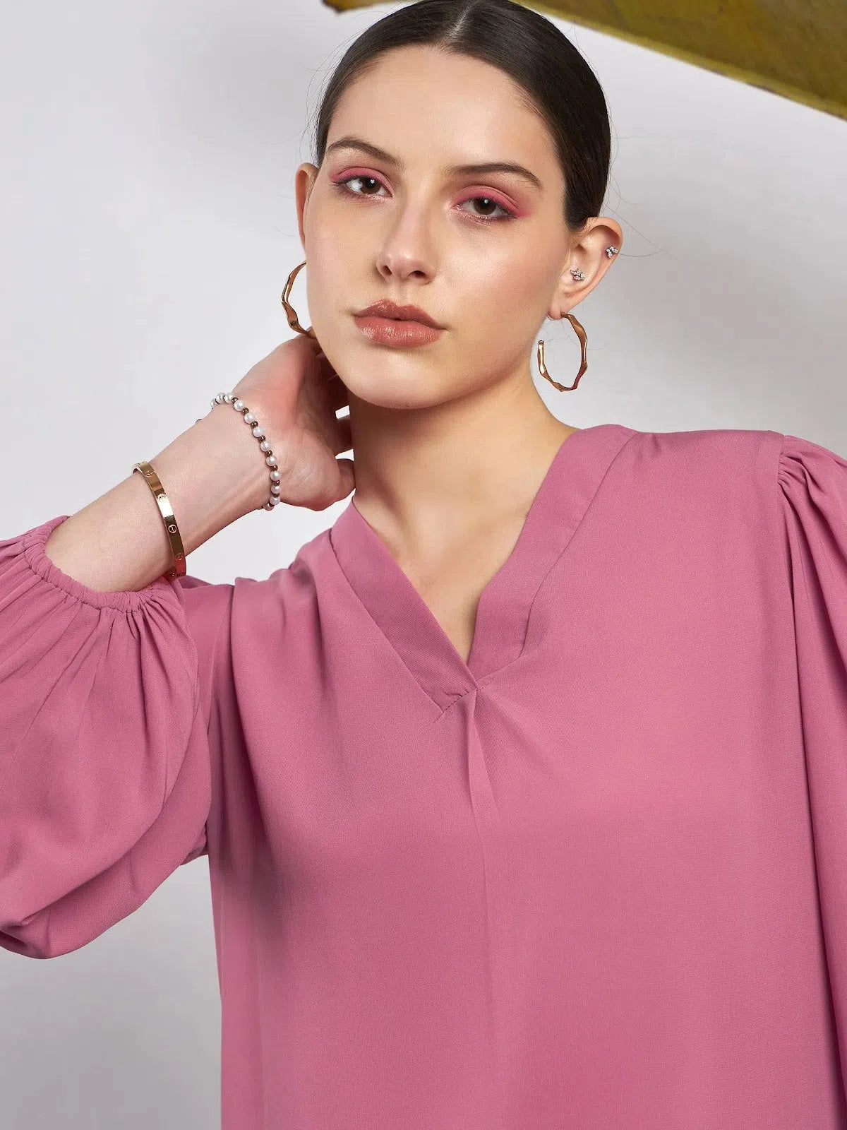 Women Pink Puff Sleeves V-Neck Blouse Ruffled Neck Blouse