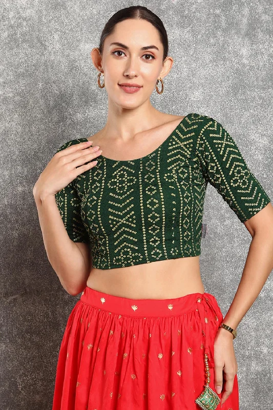 Green Cotton Printed Short Sleeves Blouse Smart Business Blouse