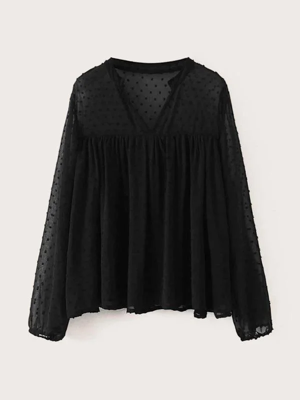 Swiss Dot Notched Neck Chiffon Babydoll Blouse Chic Off-Shoulder Blouse