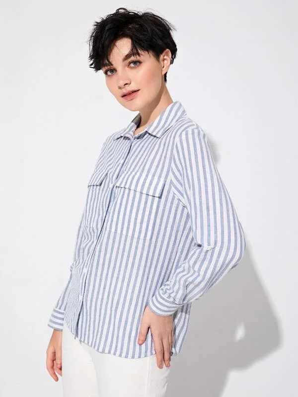 Flap Pocket Patched Roll Tab Sleeve Dip Hem Blouse Casual Relaxed Fit Blouse