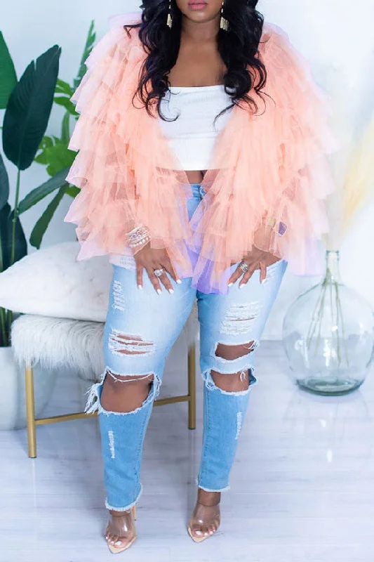 storexq Solid Color Cute Tulle Tiered Ruffle Blouse Delicate Pleat Blouse