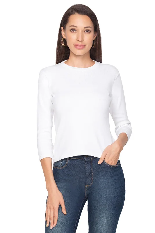 White Knitted Lycra  Solid Three-Quarter Sleeves Blouse Feminine Pastel Blouse