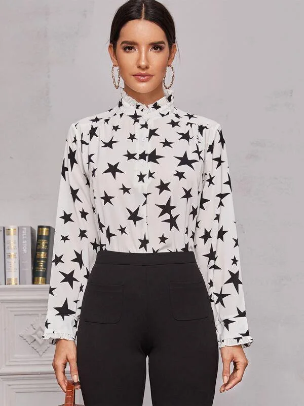 Star Print Frill Neck Blouse Ruched Sleeve Blouse