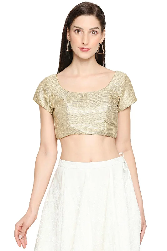 Gold Cotton Silk Embroidered Short Sleeves Blouse Delicate Bow Blouse