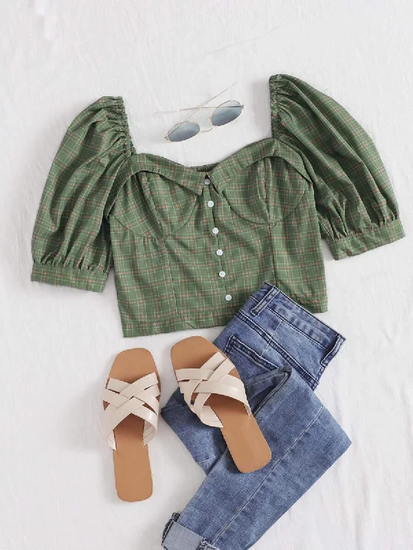 Button Front Plaid Print Bustier Blouse Modern Work Blouse