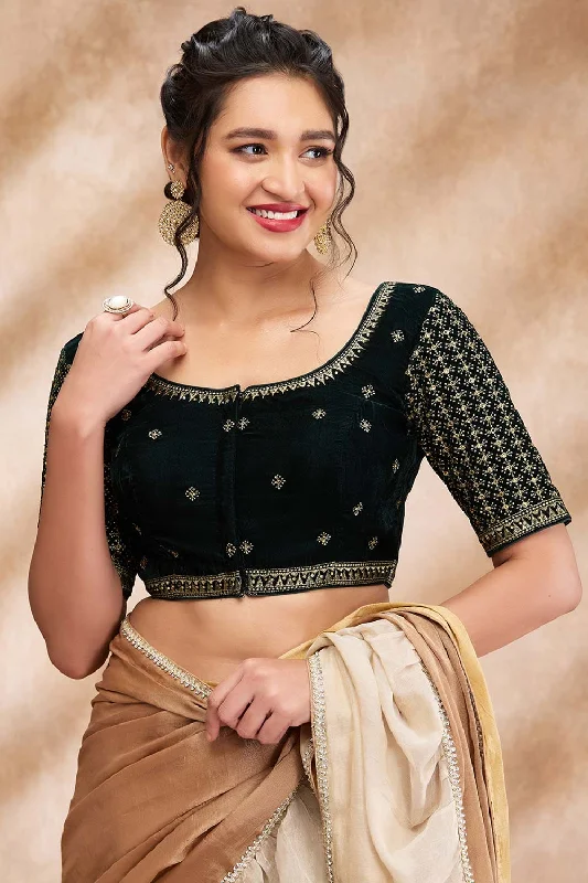 Green Velvet Embroidered Elbow Sleeve Blouse Oversized Silk Blouse